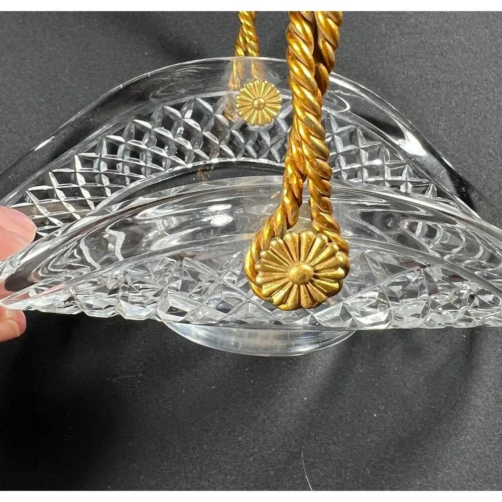 Mid Century Cut Crystal Basket Dish, Roped Brass Handle, Candy Trinket Bowl, VTG
